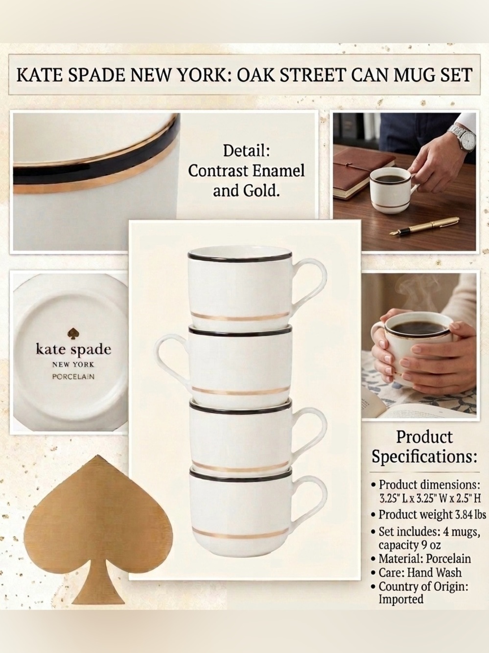 Kate Spade Make it Pop Mug Porcelain Mug Set -White with Gold Trim (Set of 4)